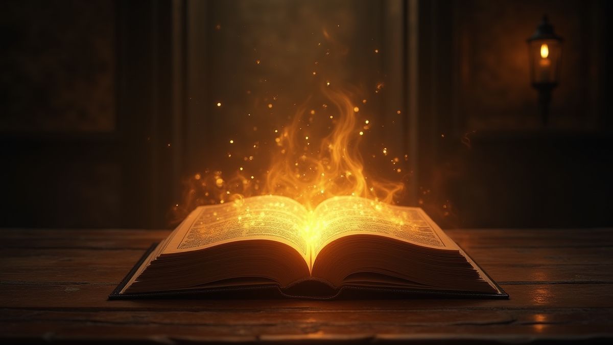 Un libro brillante rodeado de luz dorada sobre una mesa de madera.