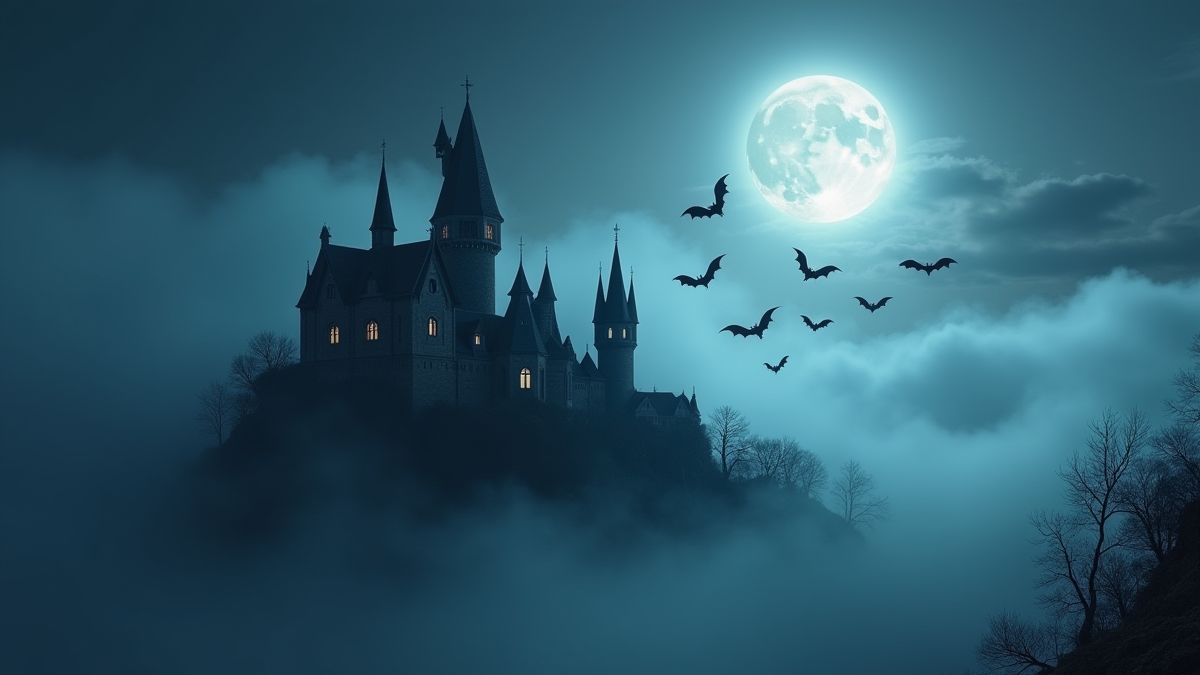 Un castillo gótico rodeado de niebla con murciélagos bajo la luna llena.