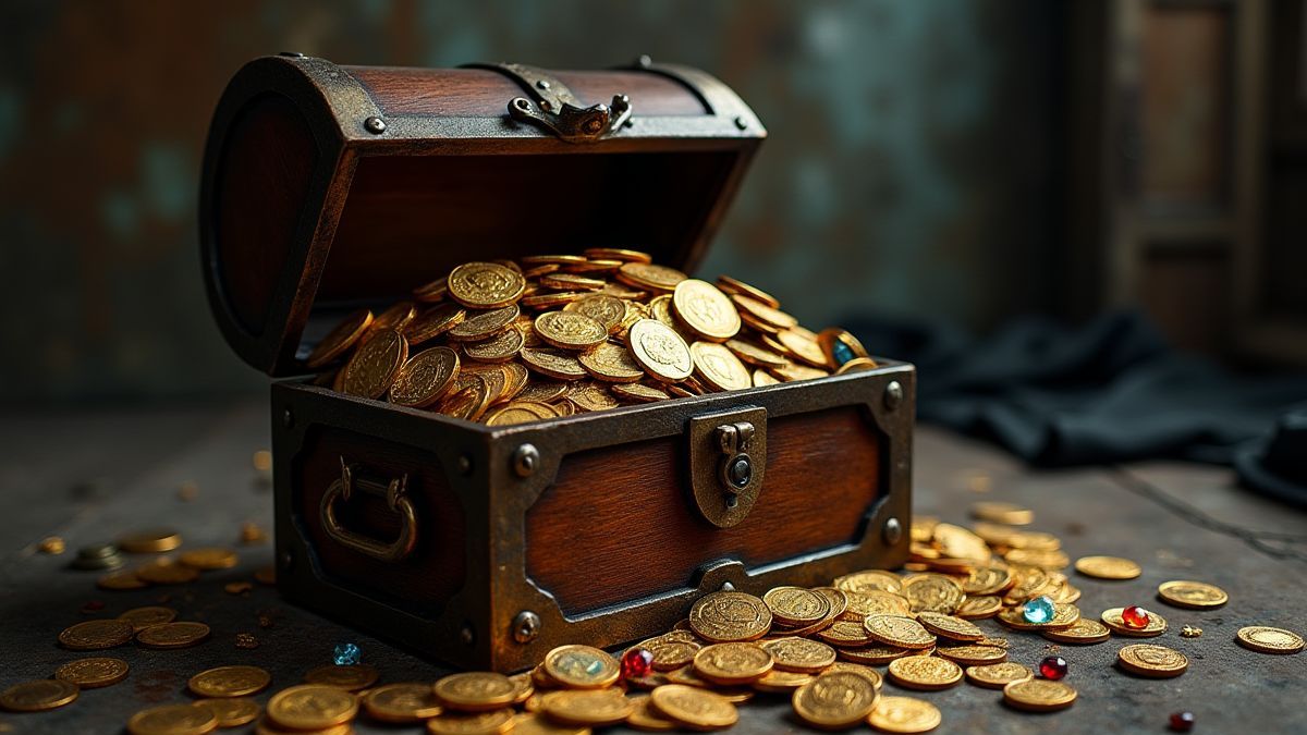 Un cofre del tesoro lleno de monedas de oro y joyas en una sala gótica.