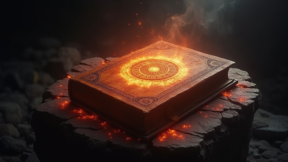 Libro mágico rodeado de energía mística en un altar de piedra