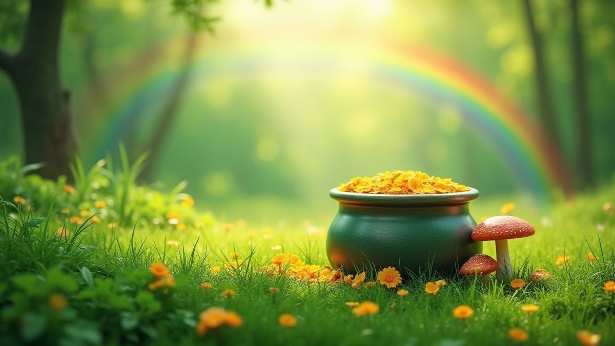 Eine irische Wiese mit einem Goldtopf unter einem Regenbogen.