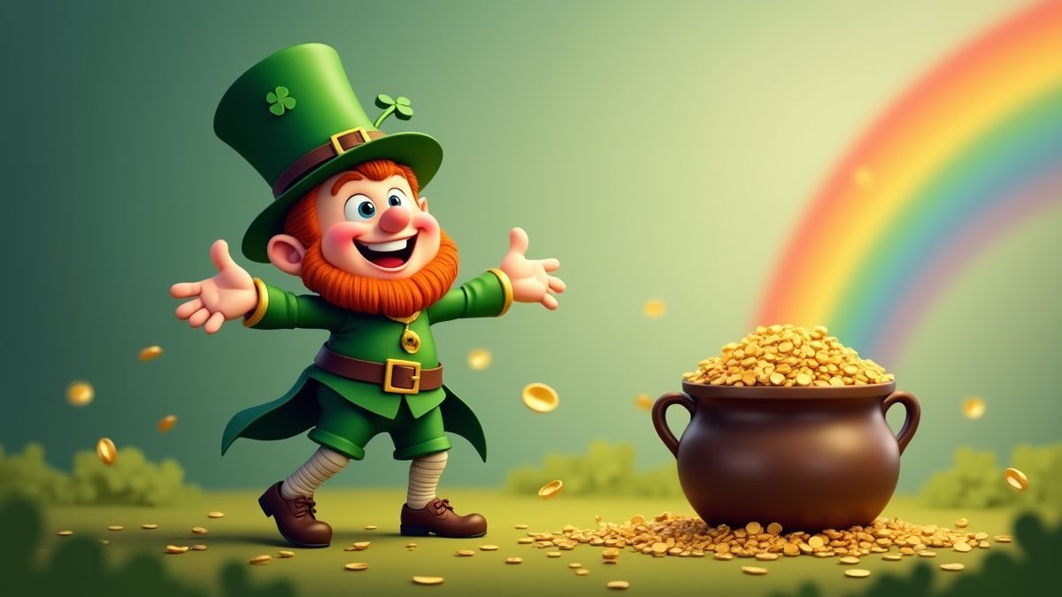 Ein fröhlicher Kobold, der neben einem Goldtopf mit einem Regenbogen im Hintergrund tanzt.