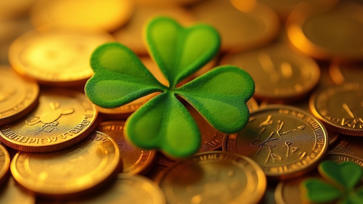 Ein goldener vierblättriger Kleeblatt, umgeben von funkelnden Münzen.