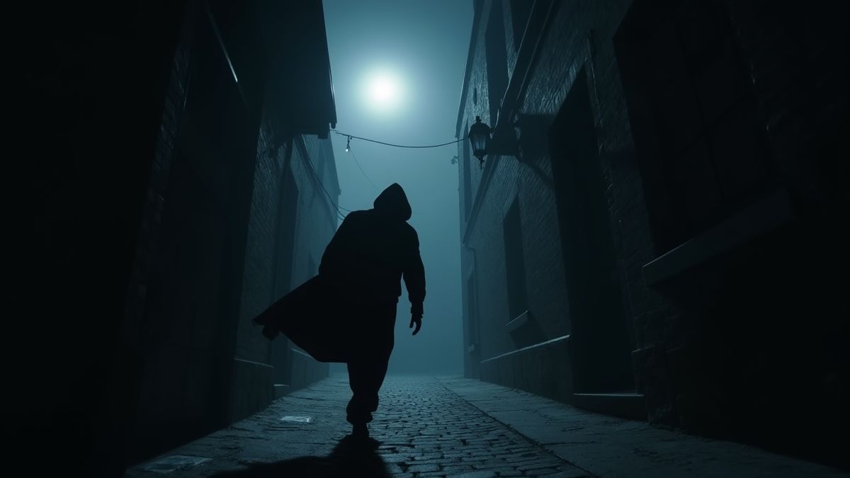 Un voleur s'échappant par une ruelle sombre sous la lumière de la lune.