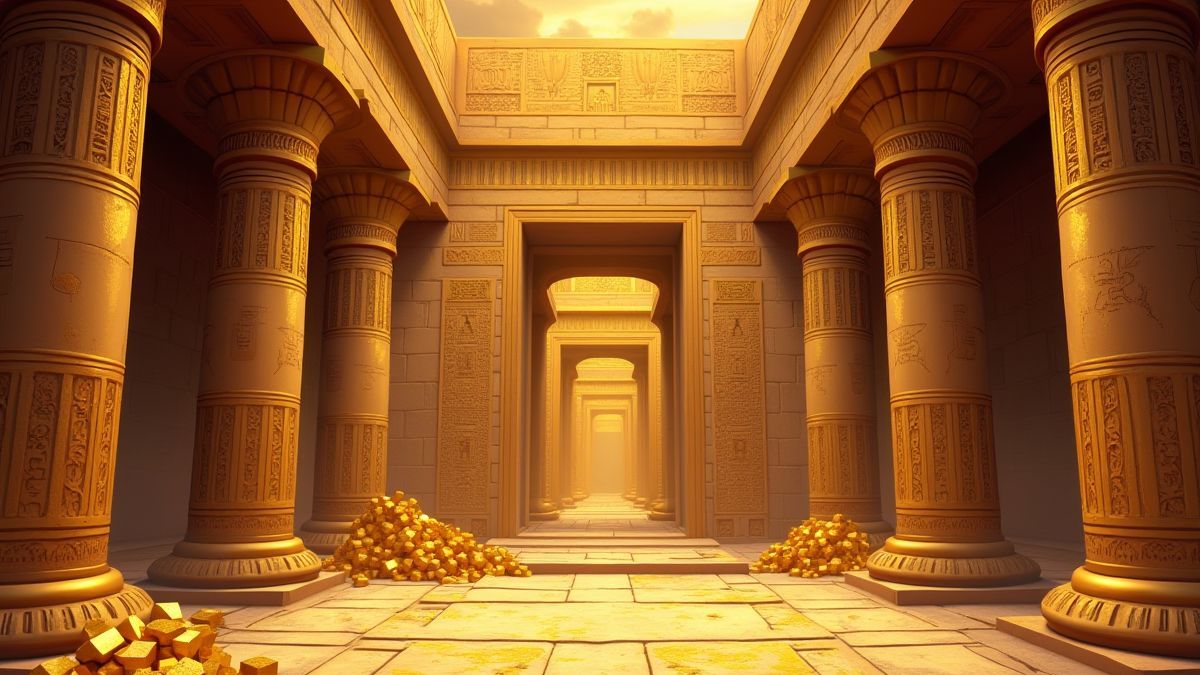 Intérieur d'un temple égyptien avec des hiéroglyphes et des trésors dorés.