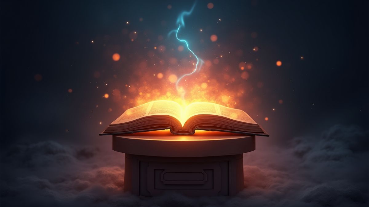 Un livre brillant sur un piédestal entouré d'énergie mystique.