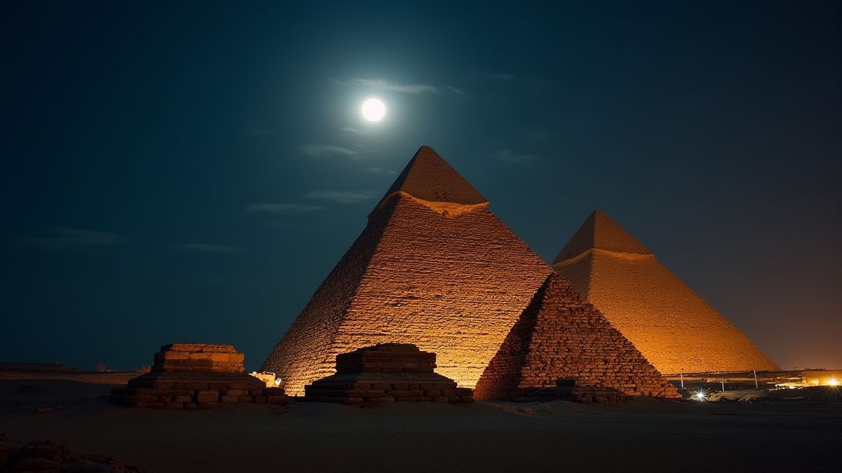 Pirâmide egípcia iluminada pela luz da lua.