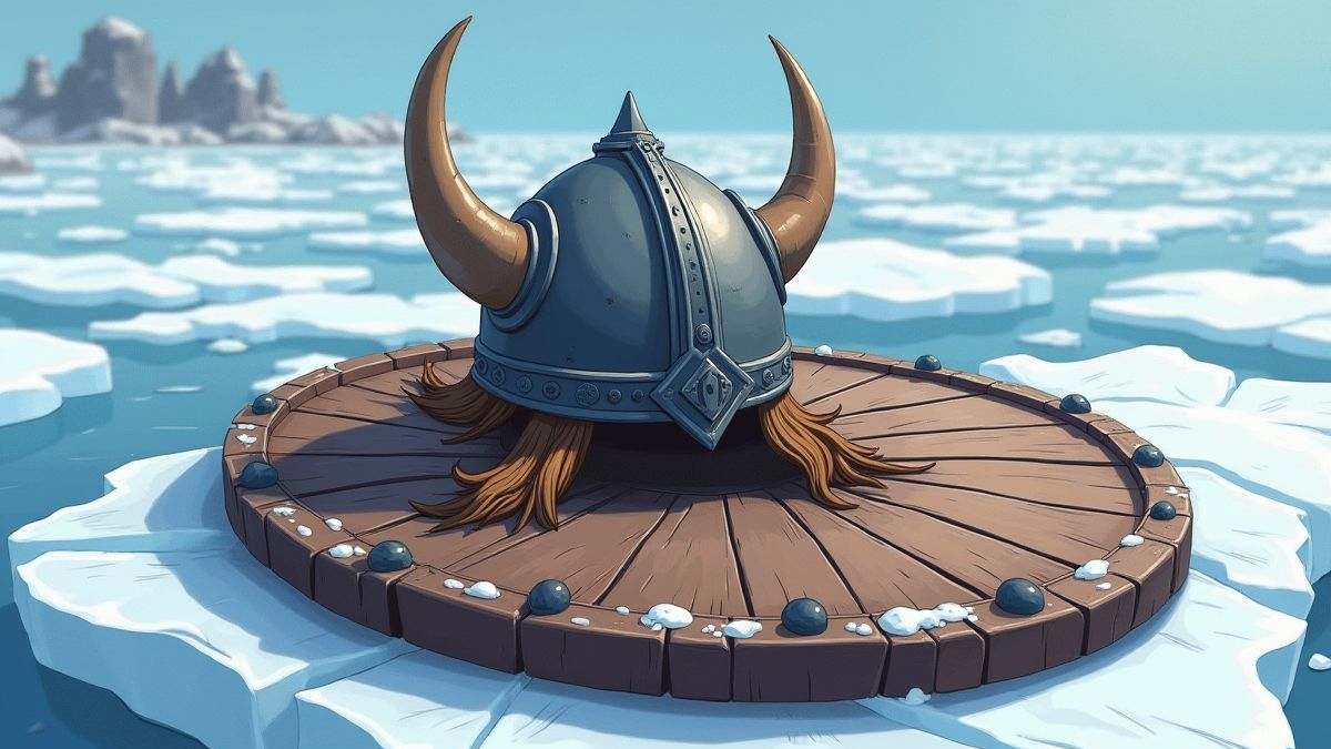 Casco vikingo sobre un escudo en un paisaje helado.