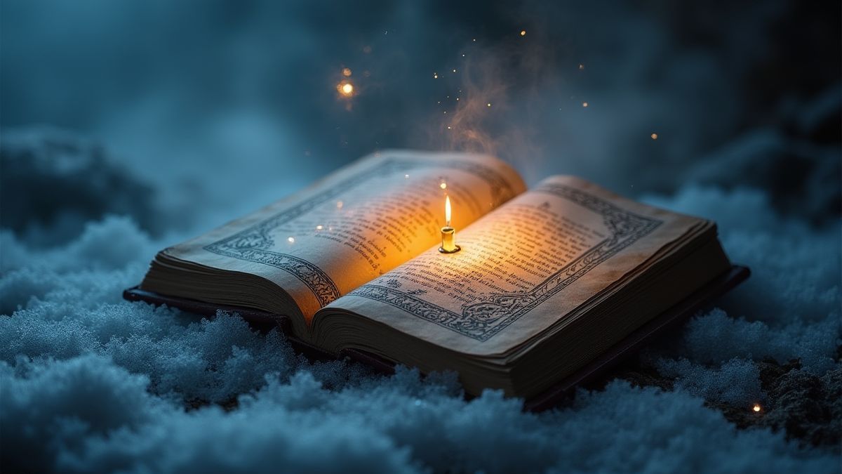 Libro mágico con runas nórdicas rodeado de niebla helada.