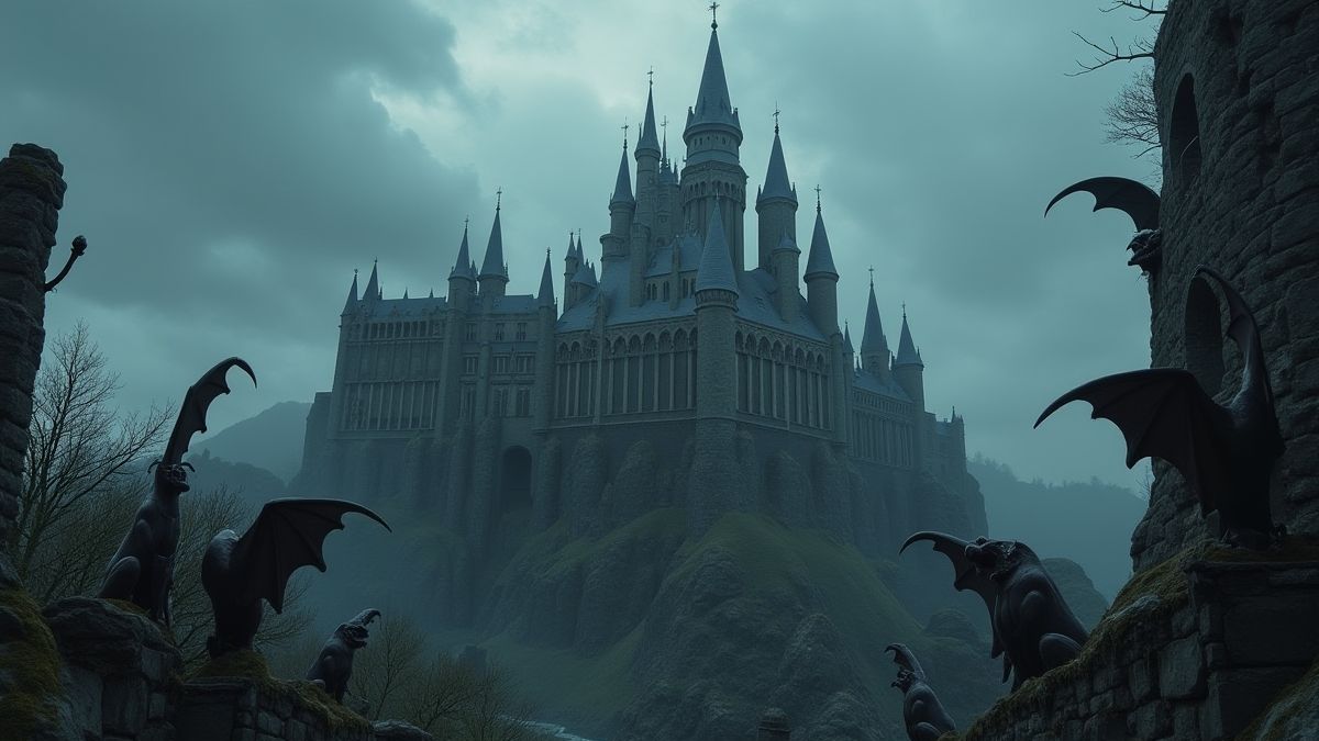 Un castillo gótico rodeado de gárgolas bajo un cielo nublado.