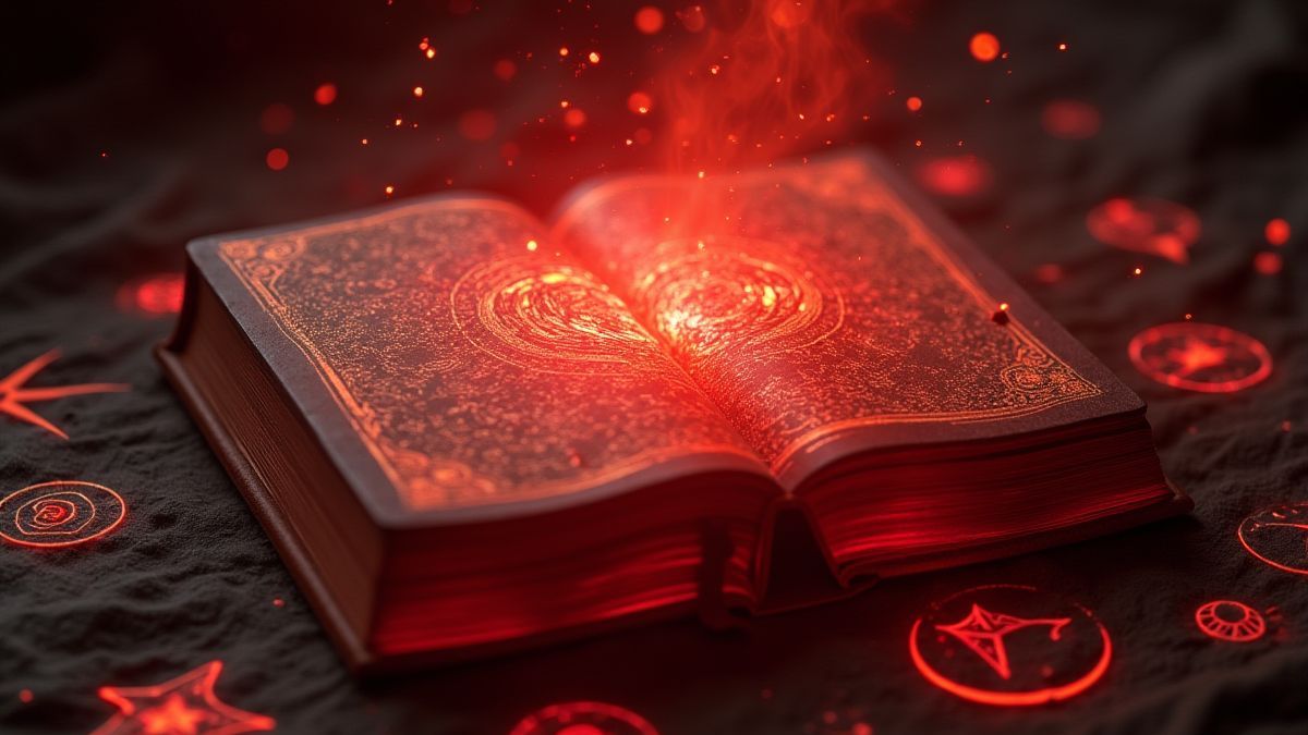 Un libro mágico brillando con energía roja y rodeado de símbolos antiguos.