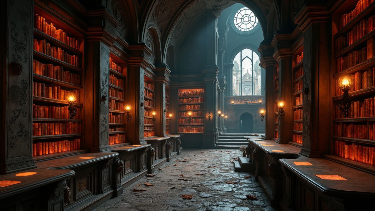 Eine alte Bibliothek mit leuchtenden Büchern und mystischen Symbolen an den Wänden.