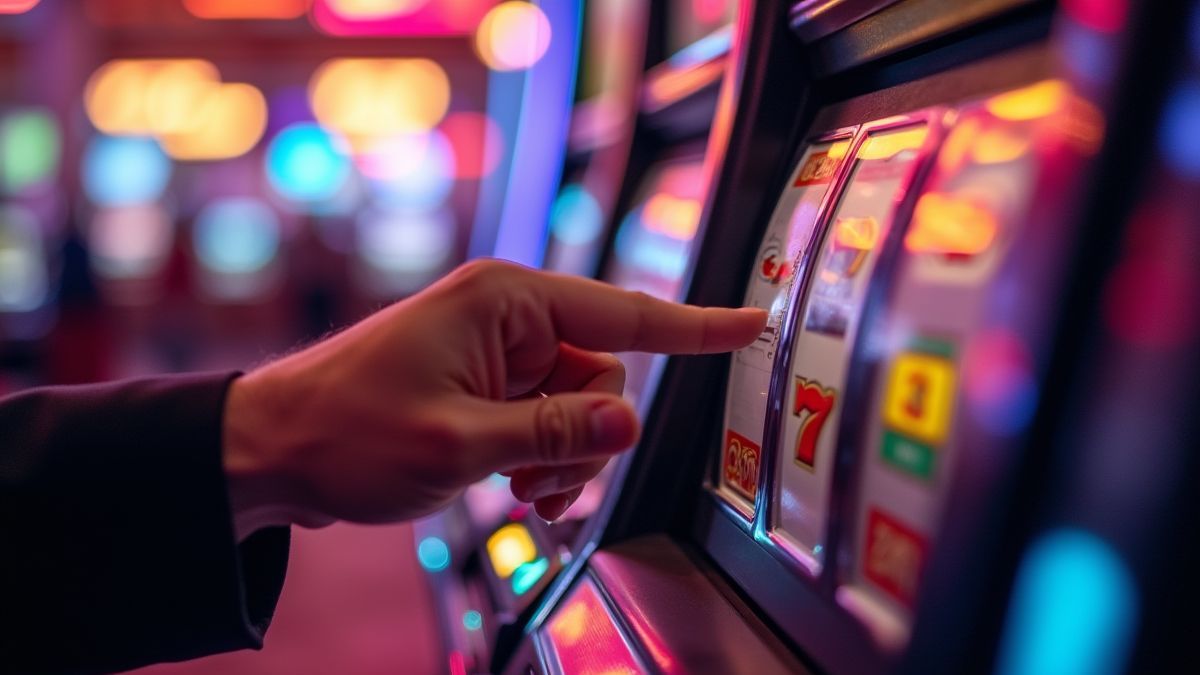 Eine Hand, die das Walzen einer Spielautomaten in einem lebhaften Casino dreht.