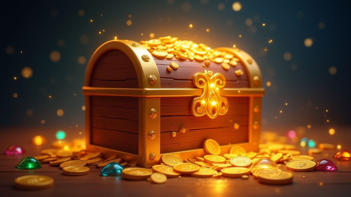 Eine leuchtende Schatztruhe, umgeben von Goldmünzen und funkelnden Edelsteinen.