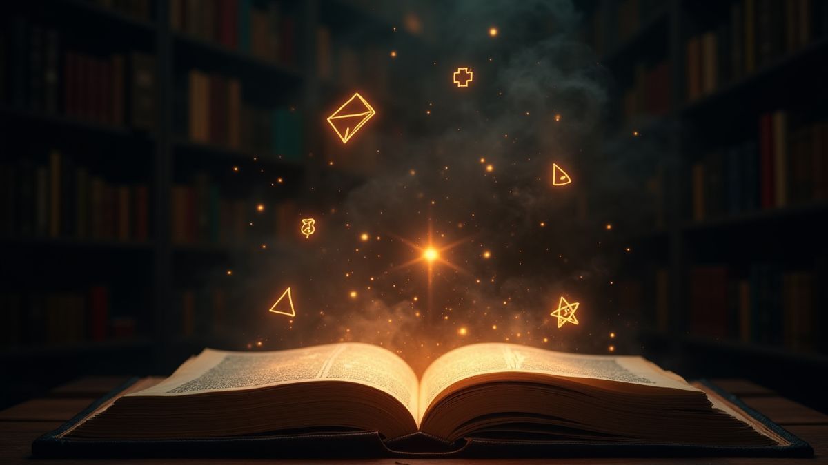 Een stralend boek met arcane symbolen in een magische bibliotheek.