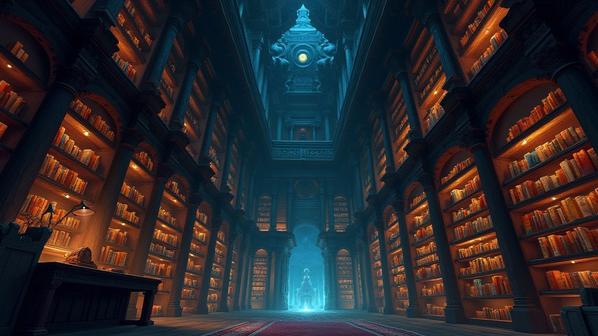 Een oude bibliotheek met hoge planken vol glinsterende boeken en mystieke objecten.