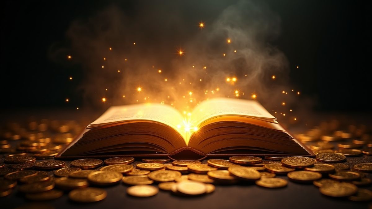 Libro mágico rodeado de monedas en un entorno místico