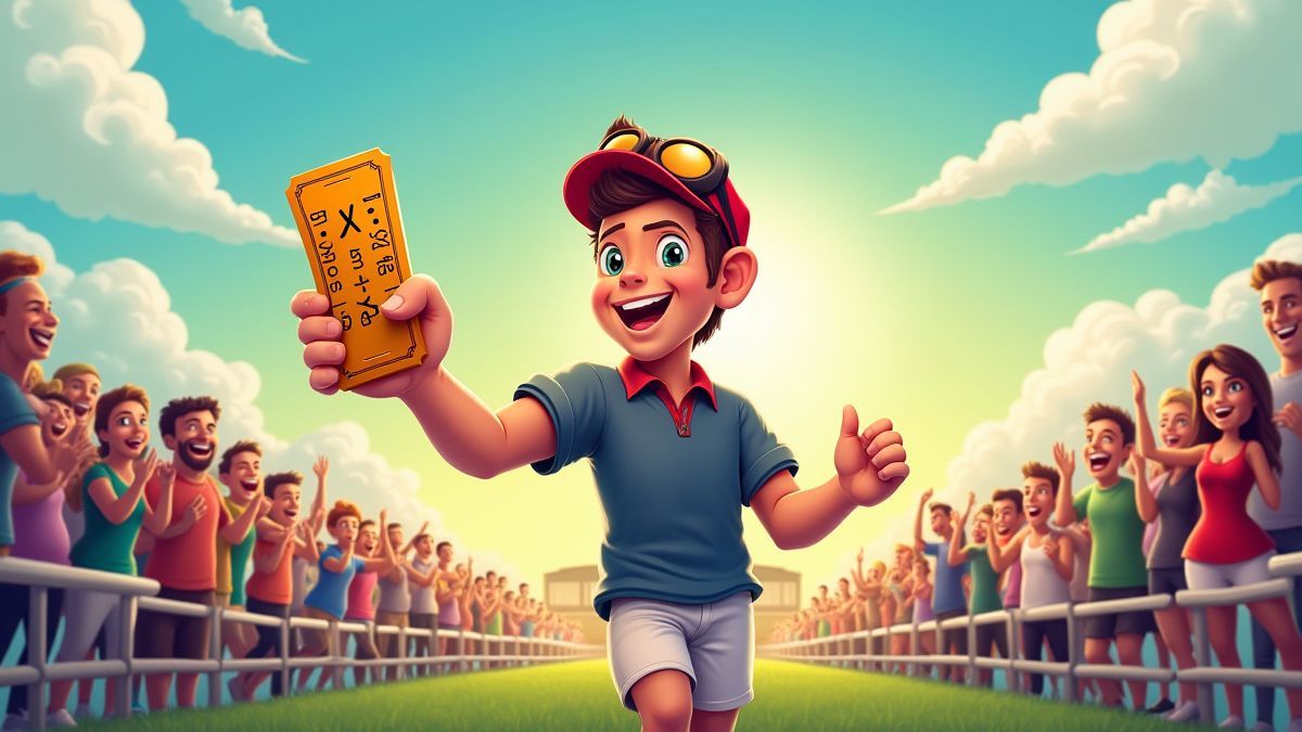 Jugador feliz sosteniendo un boleto ganador en un hipódromo