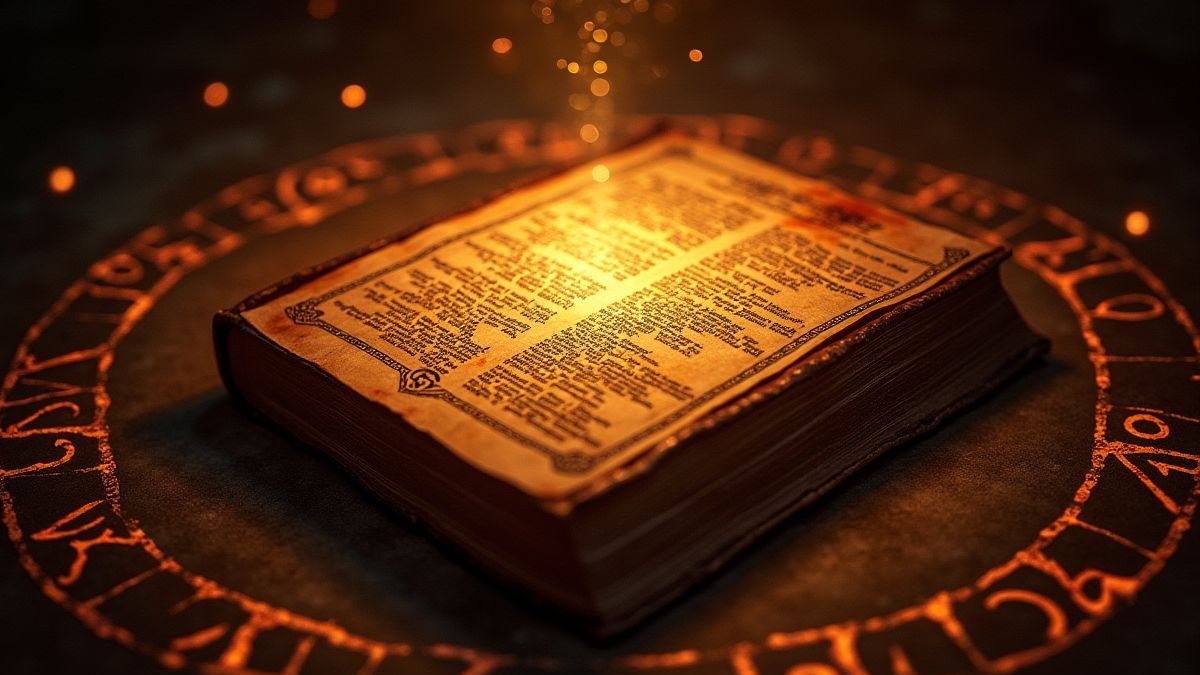 Un livre ancien brillant entouré de runes magiques.