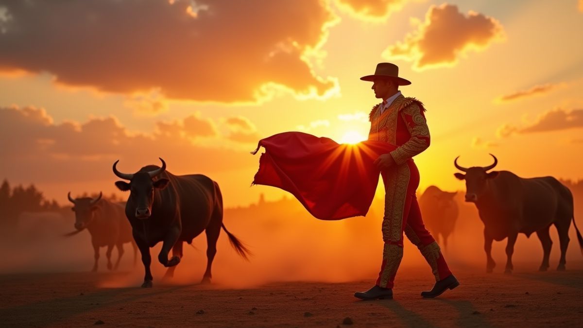 Een stierenvechter met zijn rode cape en stieren op de achtergrond.