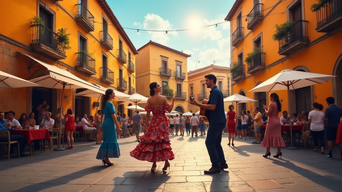 Spaanse plaza vol leven met flamenco en gitaren.