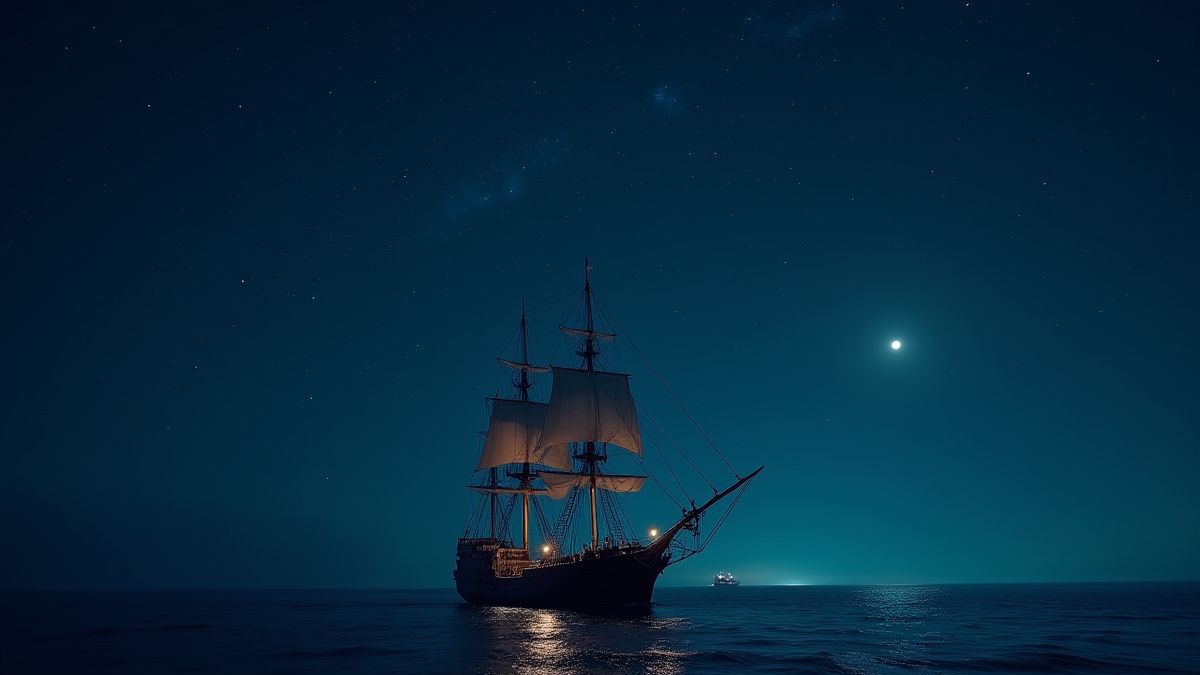 Ein Piratenschiff, das unter einem sternenklaren Nachthimmel segelt.