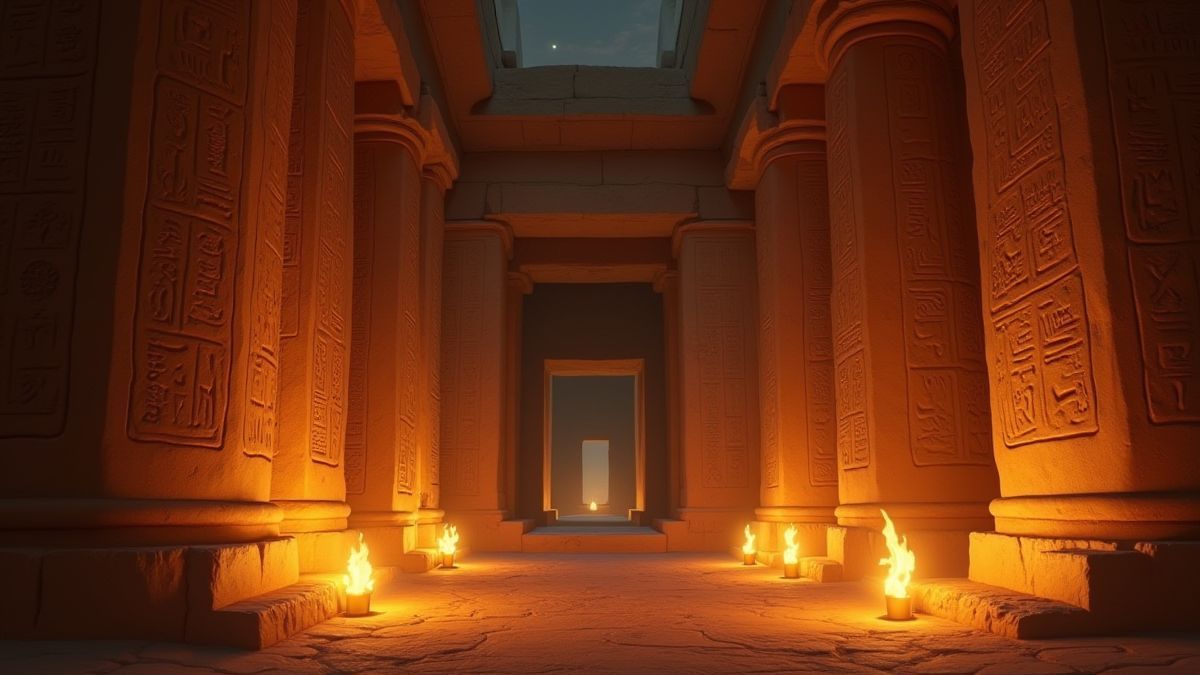 Interior de um templo egípcio com hieróglifos e tochas