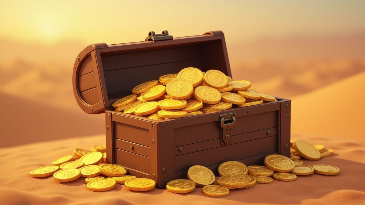 Cofre do tesouro cheio de moedas de ouro no deserto