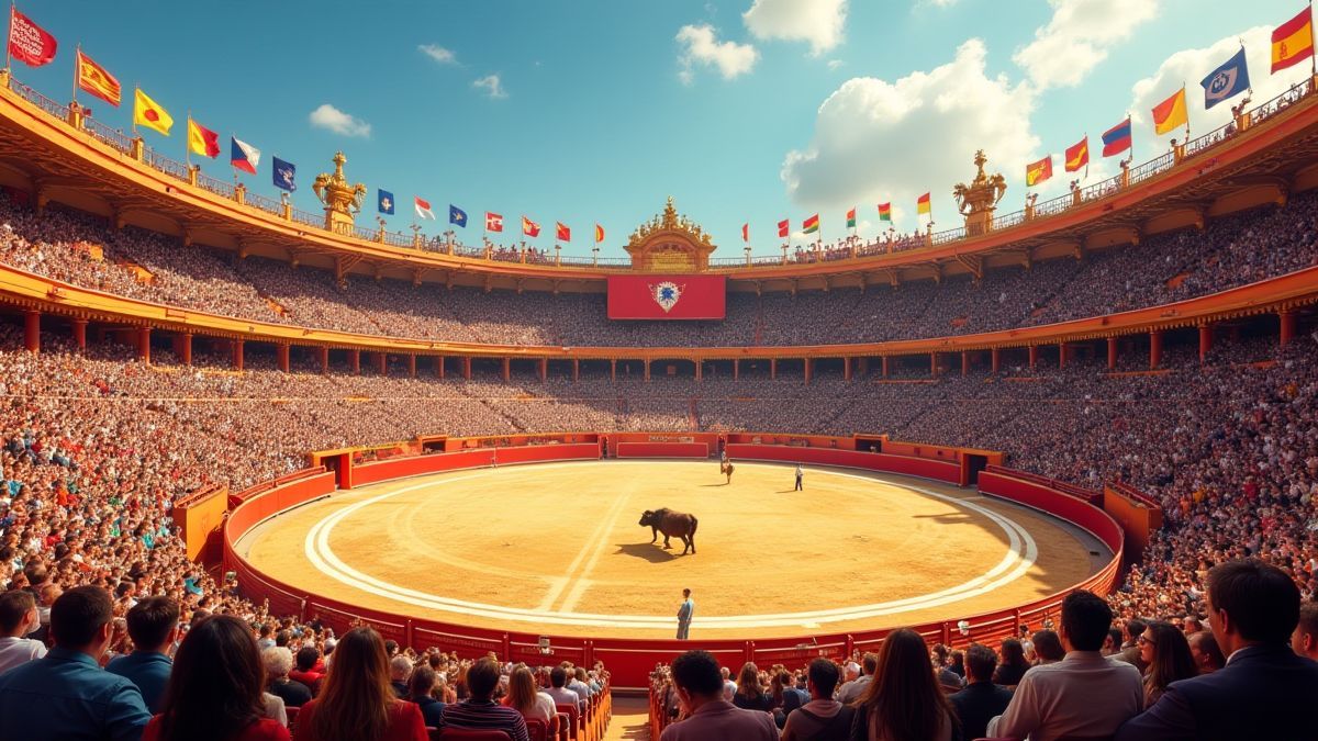 Een Spaanse arena met levendige kleuren en enthousiaste toeschouwers.