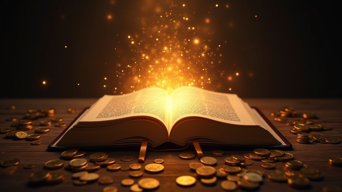 Een magisch boek dat straalt op een houten tafel omringd door gouden munten.