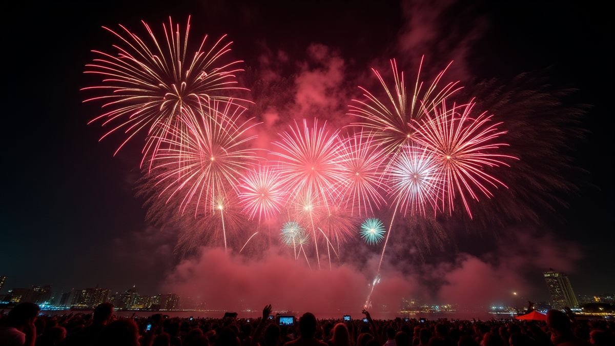 Bunte Feuerwerke erleuchten den Nachthimmel in einer festlichen Umgebung.