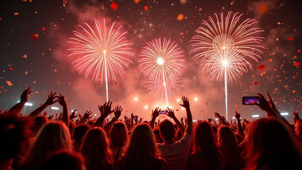 Animierte Feier-Szene mit Feuerwerken und herabfallendem Konfetti.