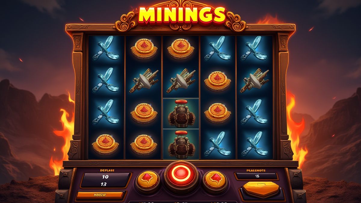 Slot-Bildschirm mit Bergbausymbolen.