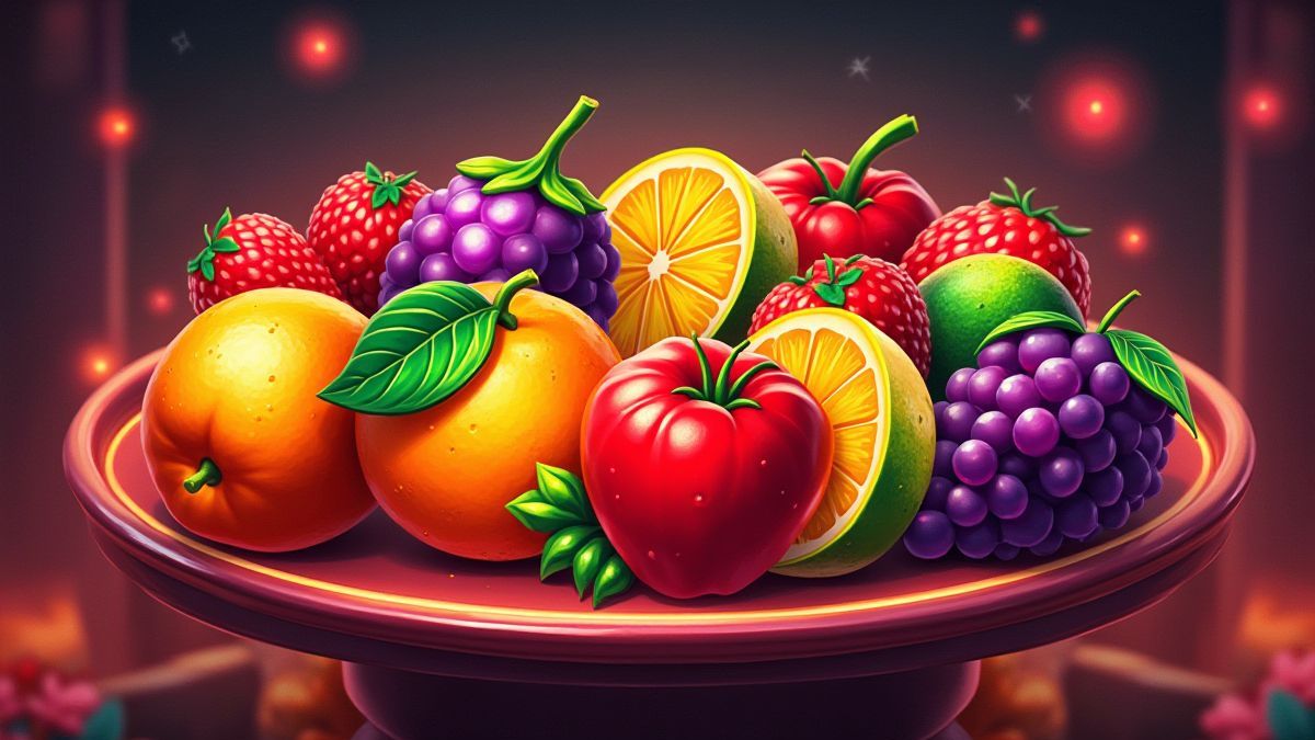 Kleurige fruitsymbolen op een retro-stijl slot achtergrond.