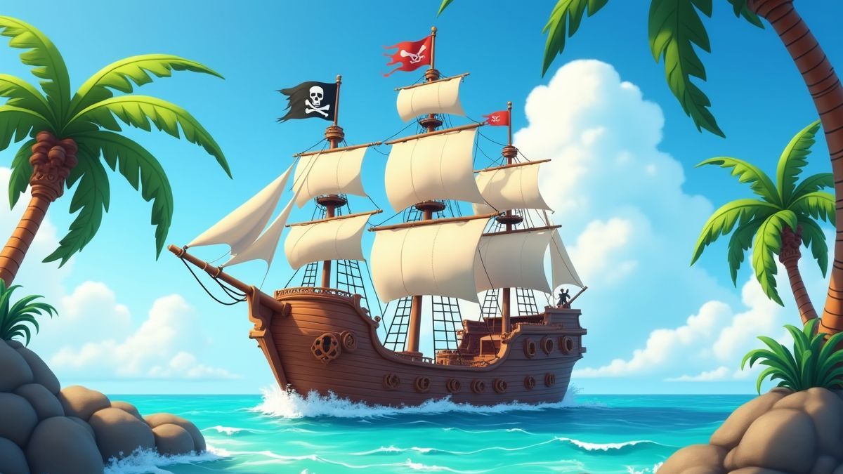 Un bateau pirate naviguant par des eaux tropicales sous un ciel dégagé.