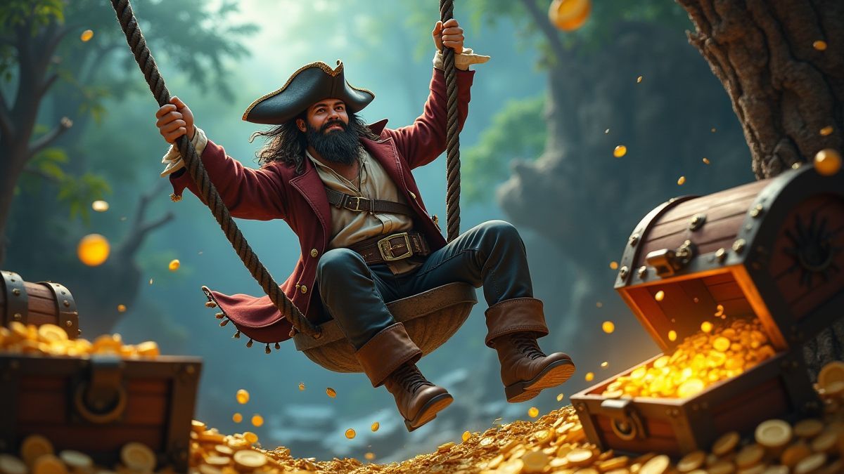 Une pirate se balançant sur une corde tandis que des coffres au trésor et des pièces d'or apparaissent.