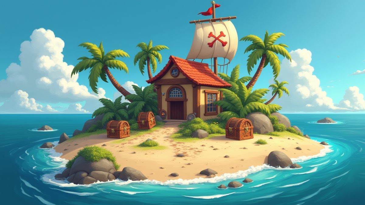Une île pleine de coffres au trésor et de décorations thématiques de pirates.