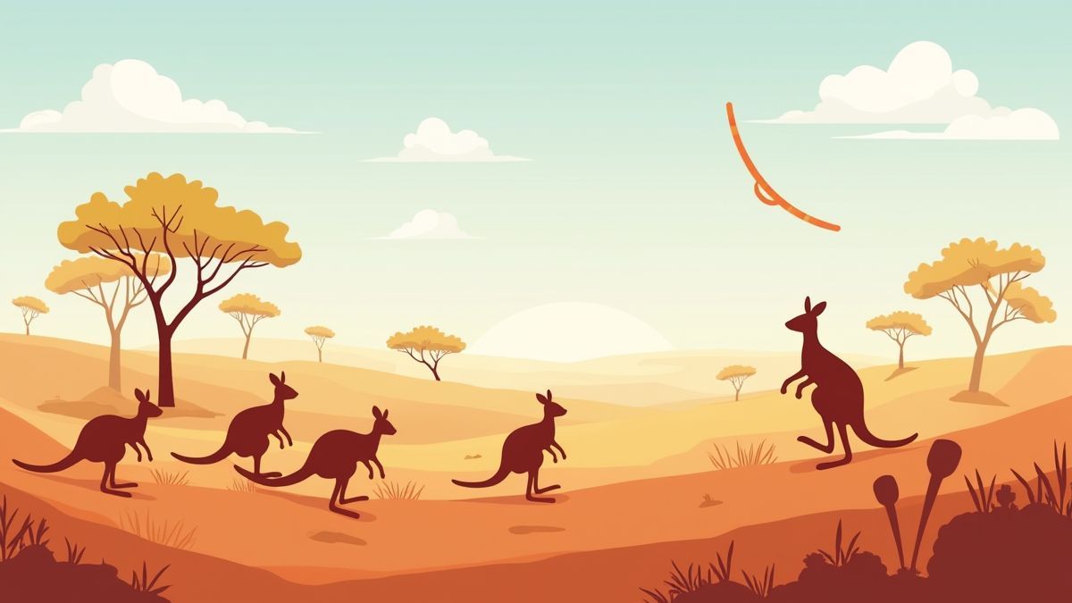Cena do Outback australiano com cangurus e boomerangs.
