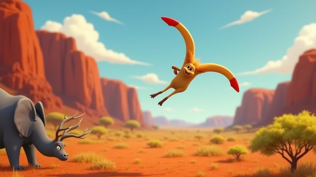 Boomerang voando com animais australianos de fundo.