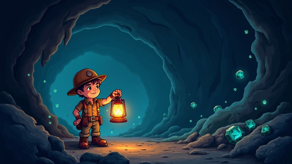 Un minero aventurero con una linterna en una cueva oscura llena de gemas.