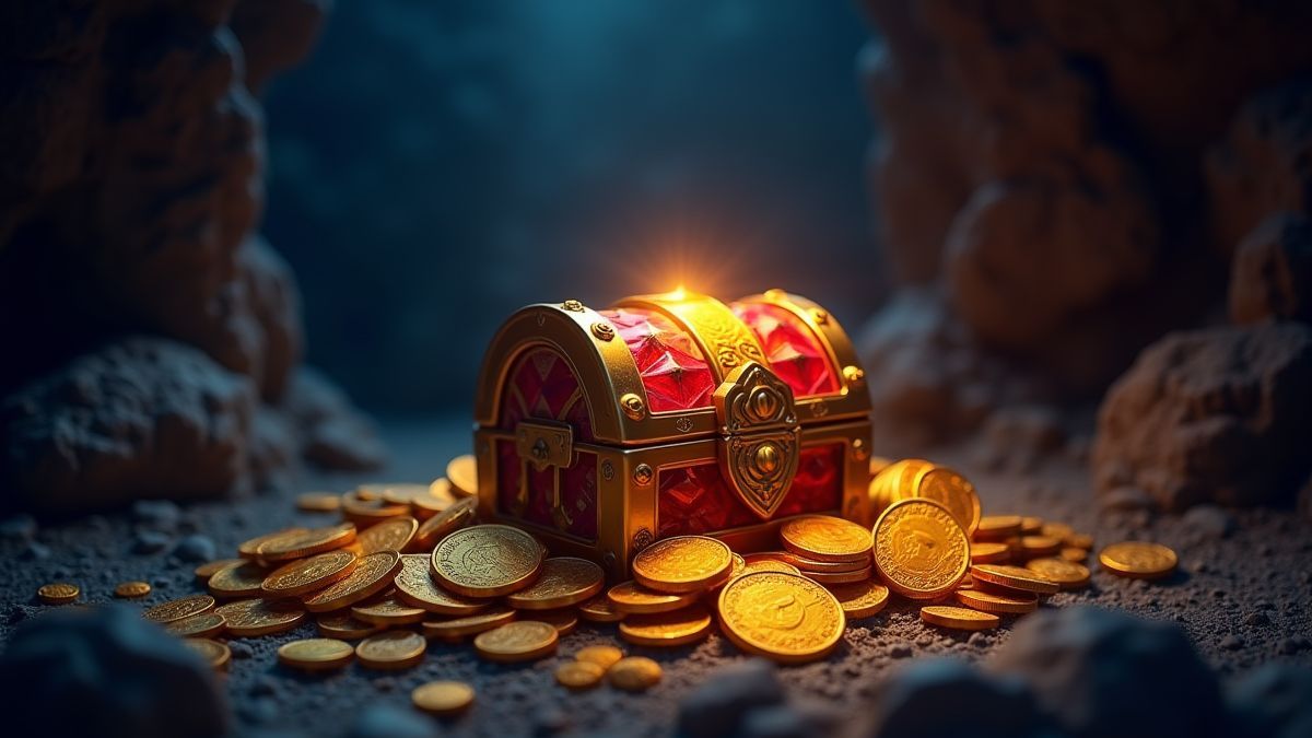 Un cofre de gemas brillantes rodeado de monedas doradas en una cueva oscura.