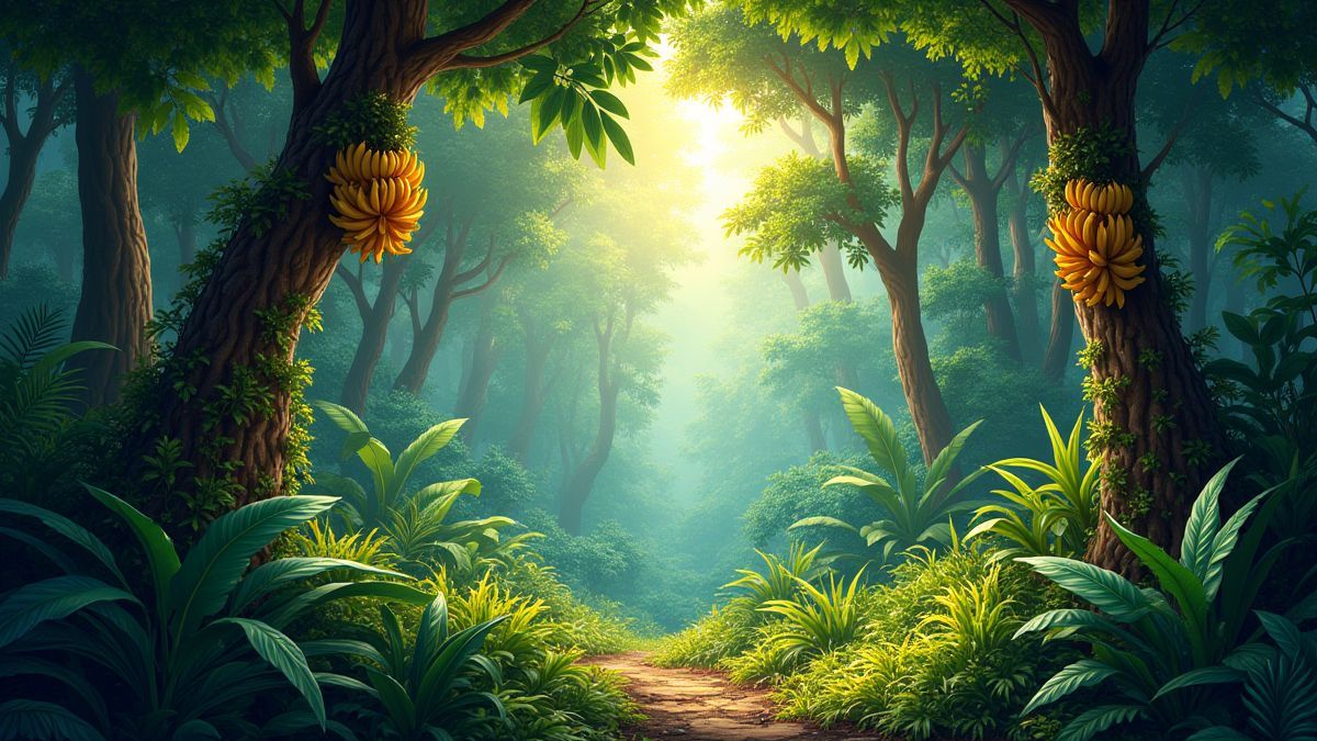 Dschungelszene mit lebhaften Bäumen und hängenden Bananen.