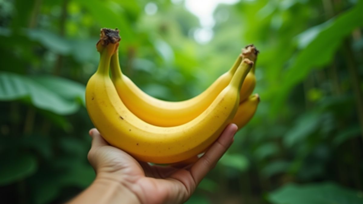 Eine Hand, die eine Banane in einer üppigen Dschungelumgebung hält.