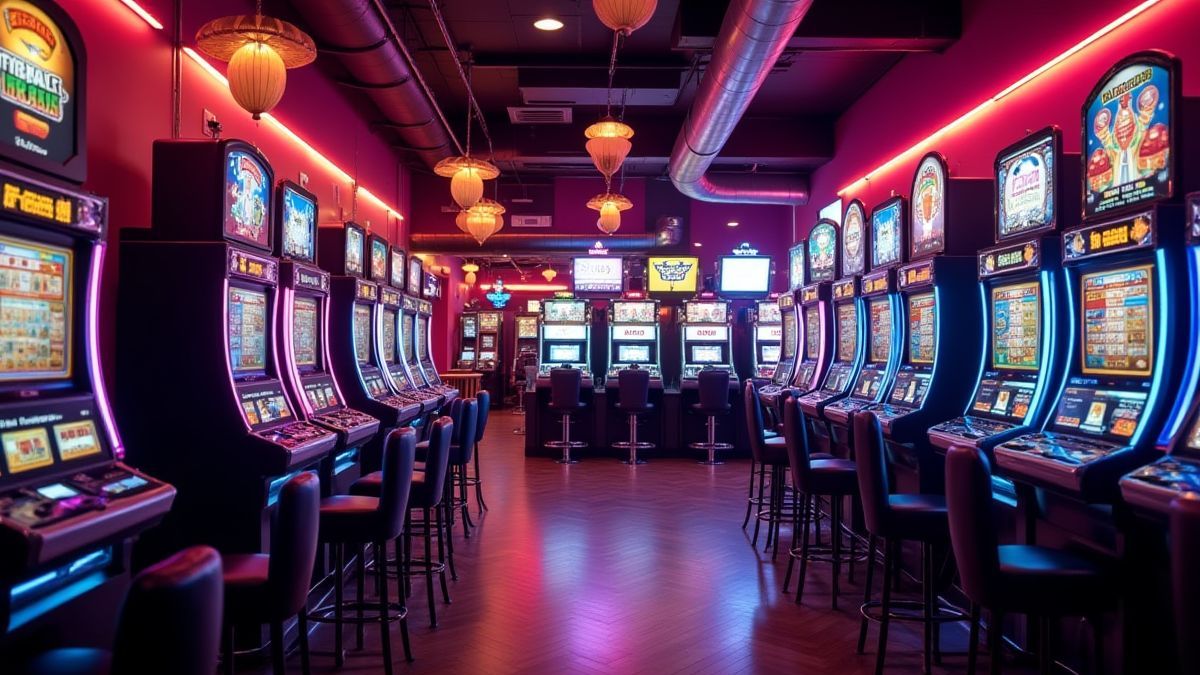 A retro casino with neon lights and slot machines