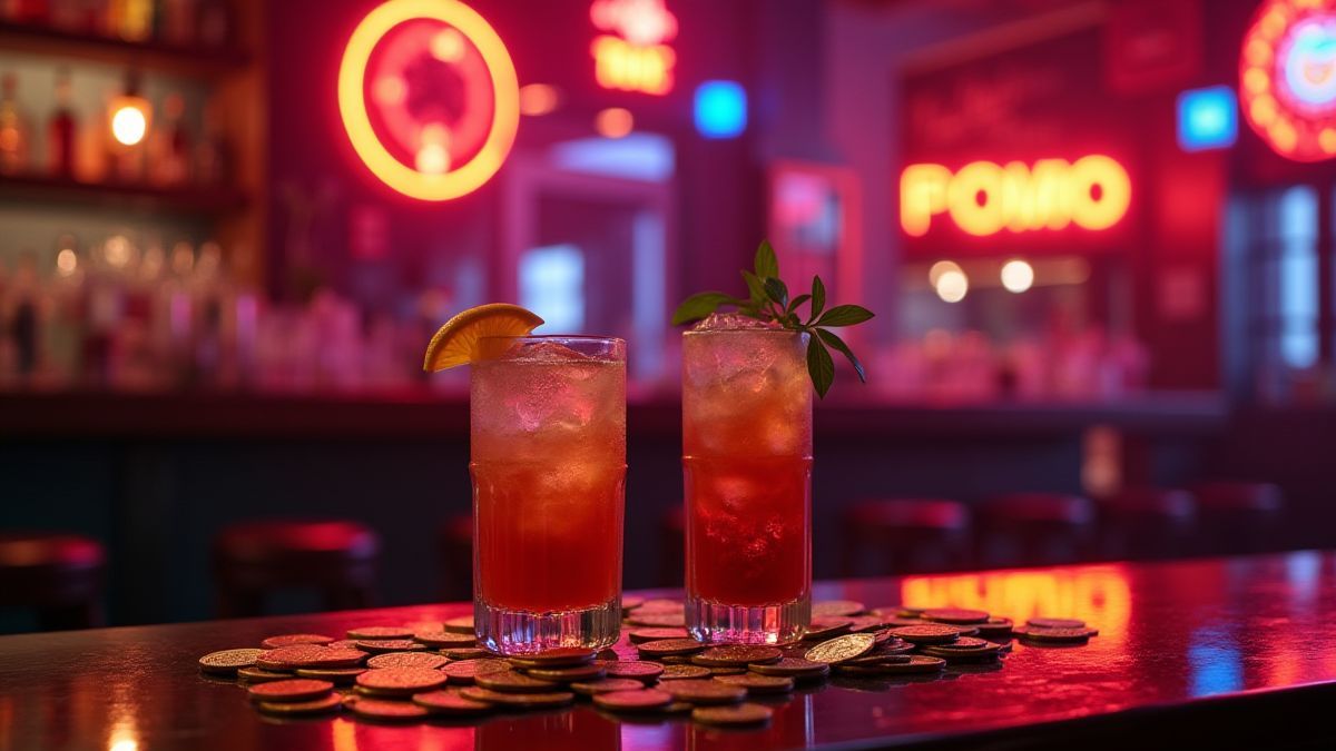 A glamorous bar with cocktails and neon lights