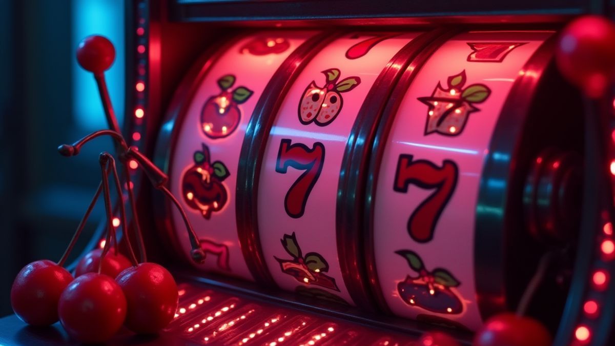 Machine à sous rétro avec lumières néon et symboles classiques.
