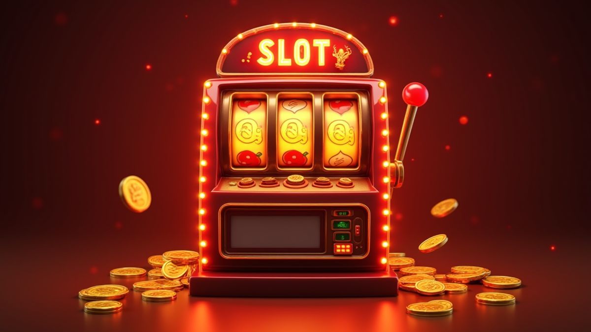 Machine à sous rétro avec des pièces dorées et des symboles de cerises.