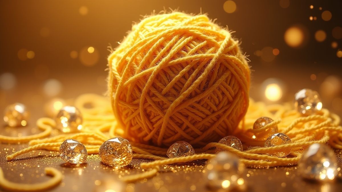 Bola de lã dourada rodeada de diamantes em um ambiente luxuoso.