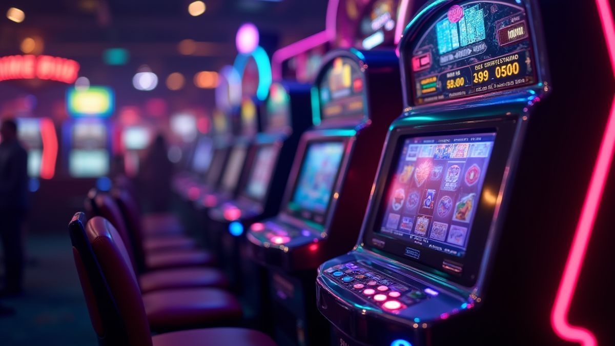 Machine à sous futuriste avec lumières néon.