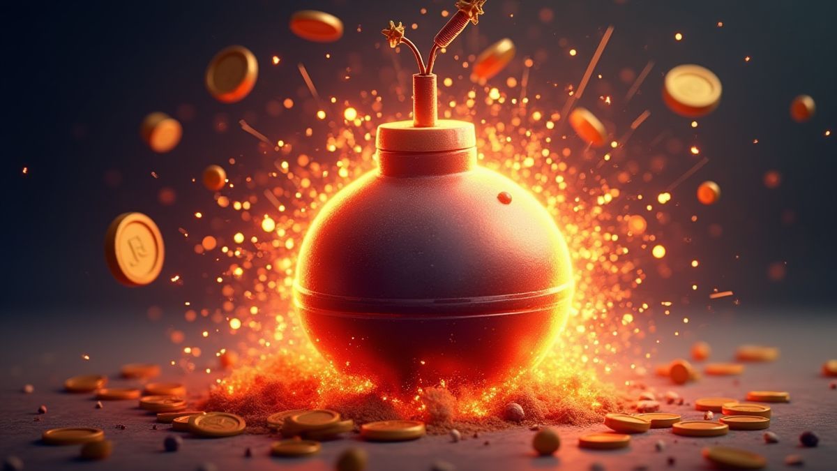 Bomba animada explotando con chispas y monedas a su alrededor.